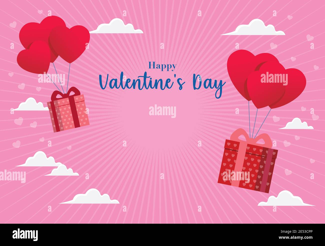 a box of gifts and heart balloons are floating in the pink sky to ...