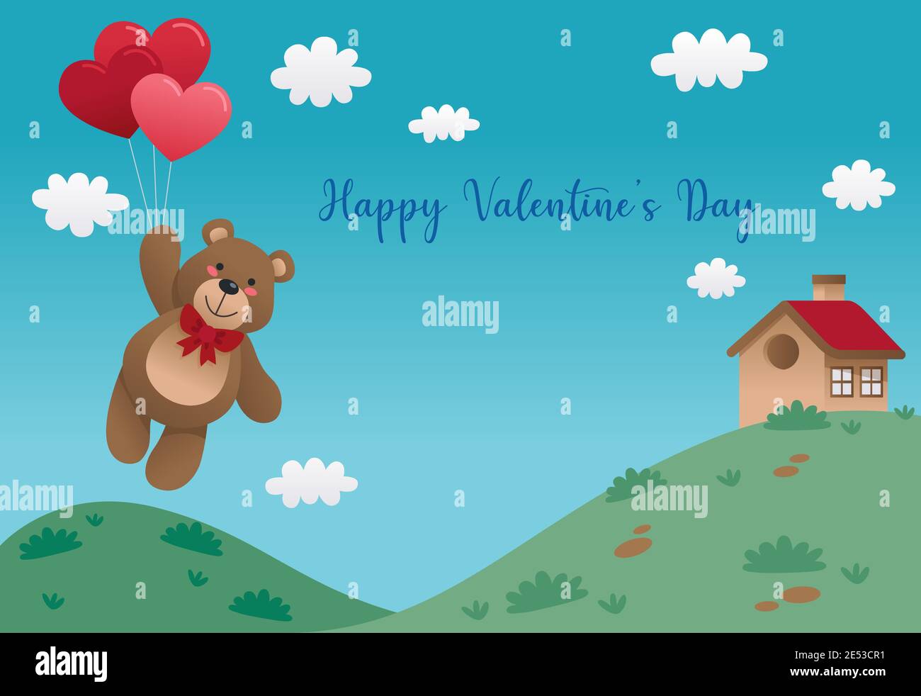 a teddy bear is floating in the sky using a heart-shaped balloon Stock ...