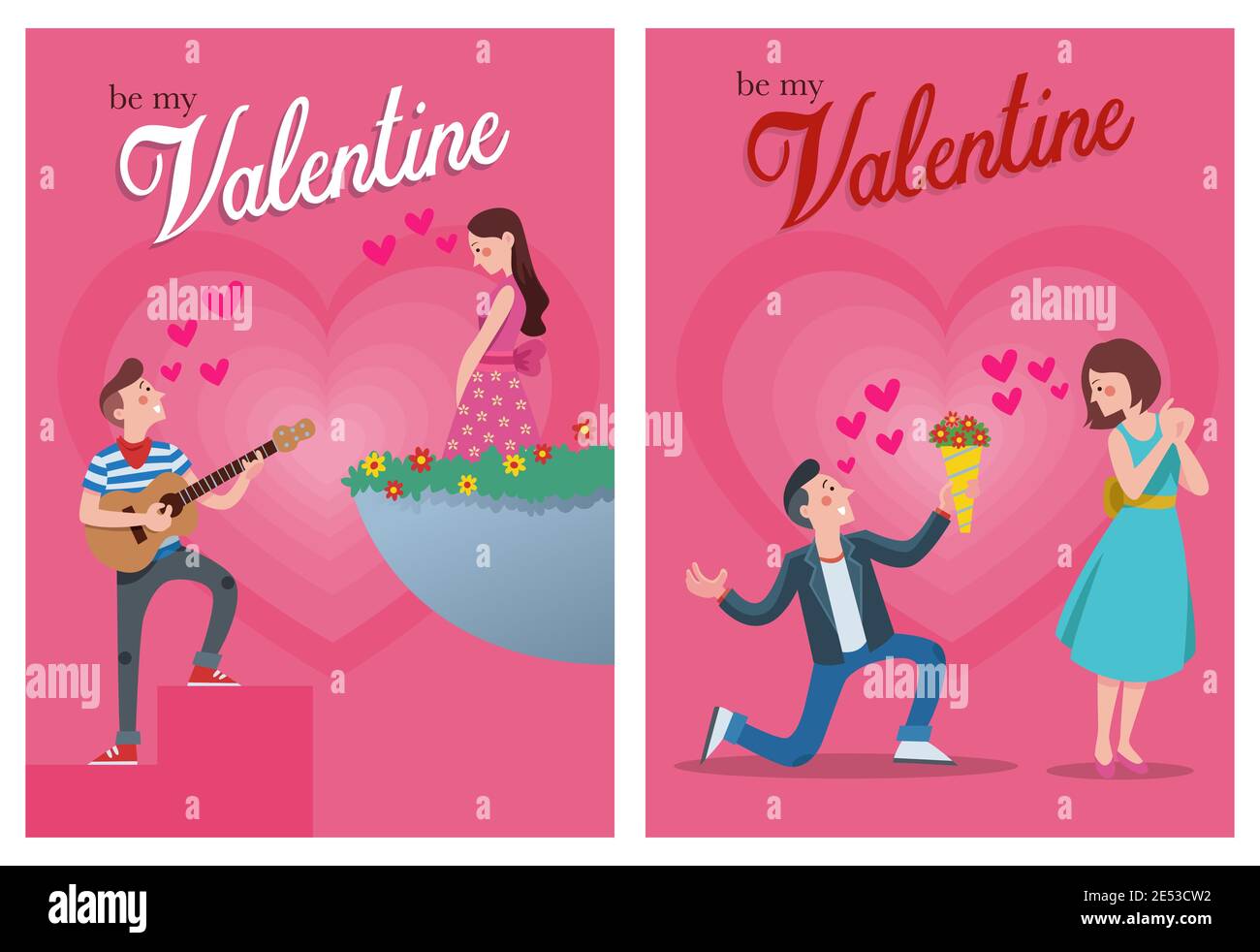 illustration of a man singing and offering flowers to his partner on valentine's day Stock Vector