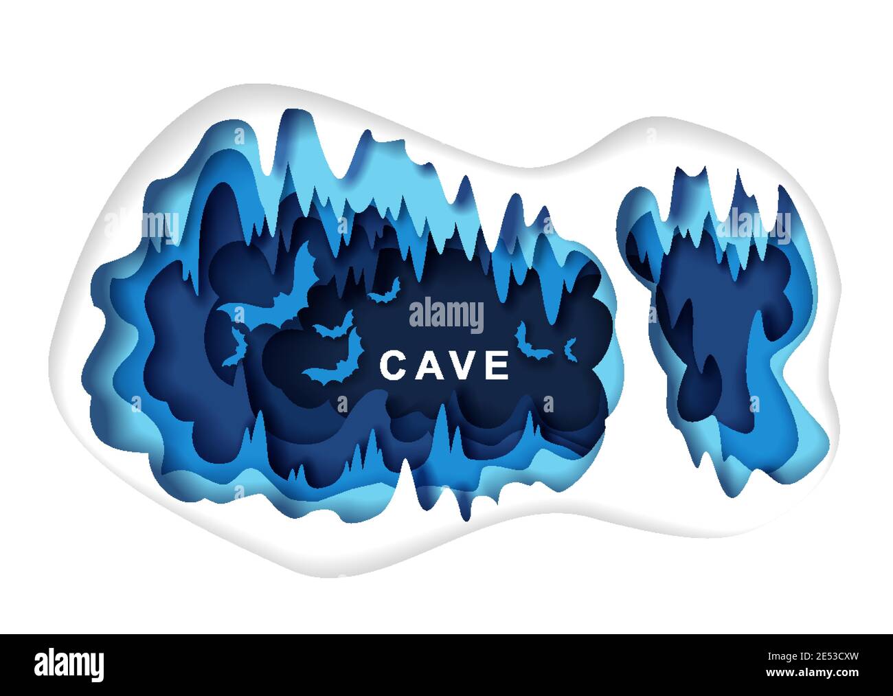Paper cut craft style cave with bat silhouettes, vector illustration. Speleology or cave science, sport tourism. Stock Vector