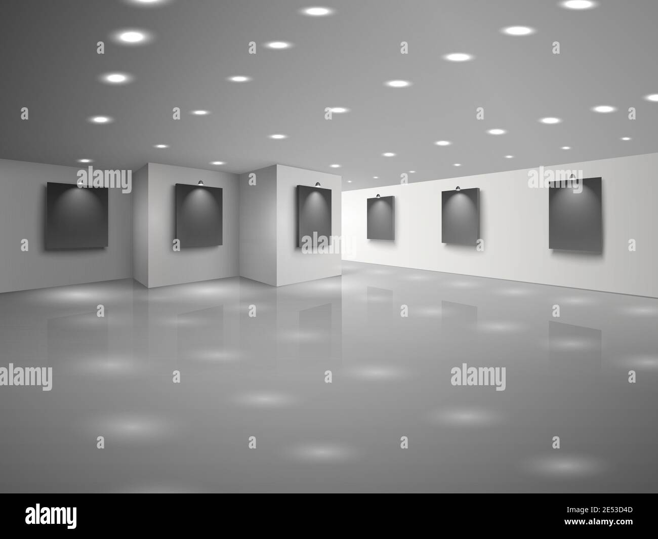 Empty white hall interior with blank black canvases vector illustration ...