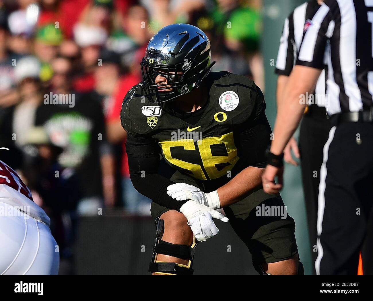 (FILE PHOTOS).former Oregon Ducks offensive tackle (58) Penei Sewell is projected to go in the 1st Round of the NFL Draft, here he is pictured on January 1, 2020, the NFL Draft will be held in Cleveland, Ohio on April 29, 2021.(Mandatory Credit: Jose/MarinMedia.org/Cal Sport Media) (Absolute Complete photographer, and credits required) Stock Photo