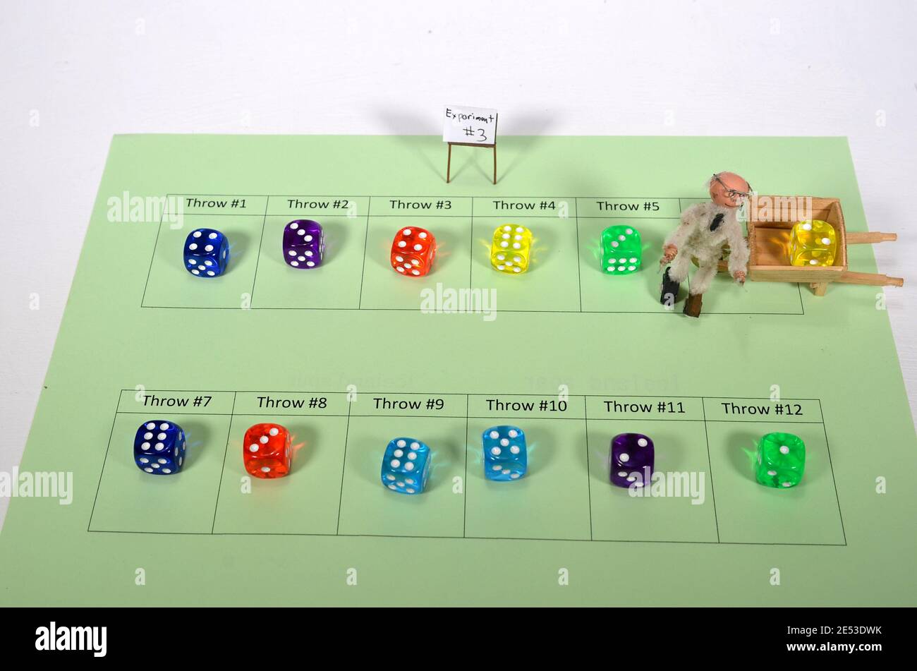 Stochastic experiment with 12randomly thrown dices arranged in a scheme. Stock Photo