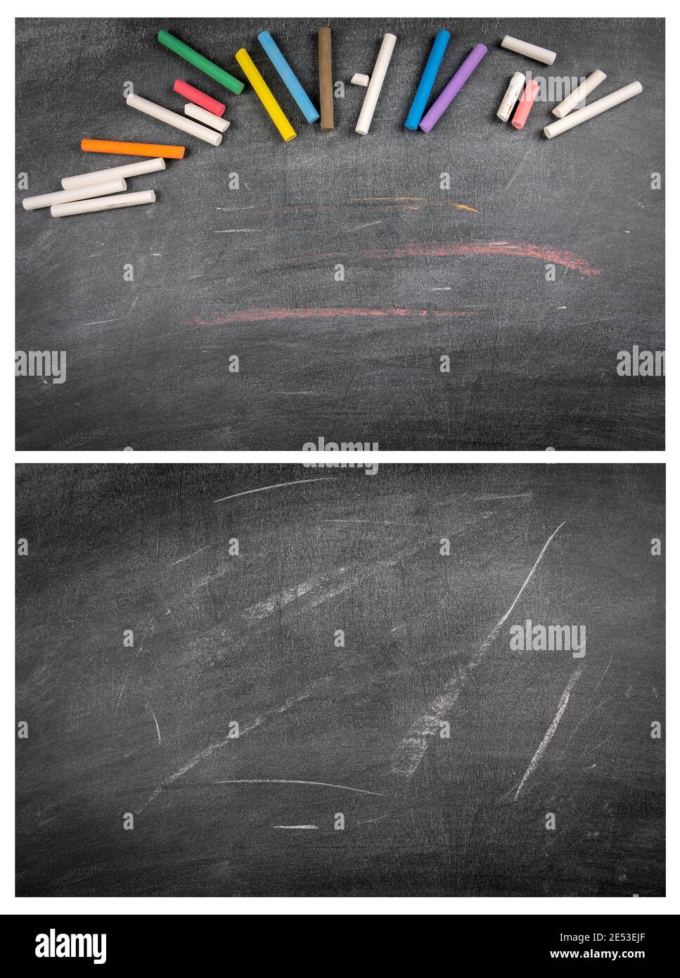Black chalk boards with chalk pieces. Scratches and white lines. Space for text and drawings, mock up. Stock Photo