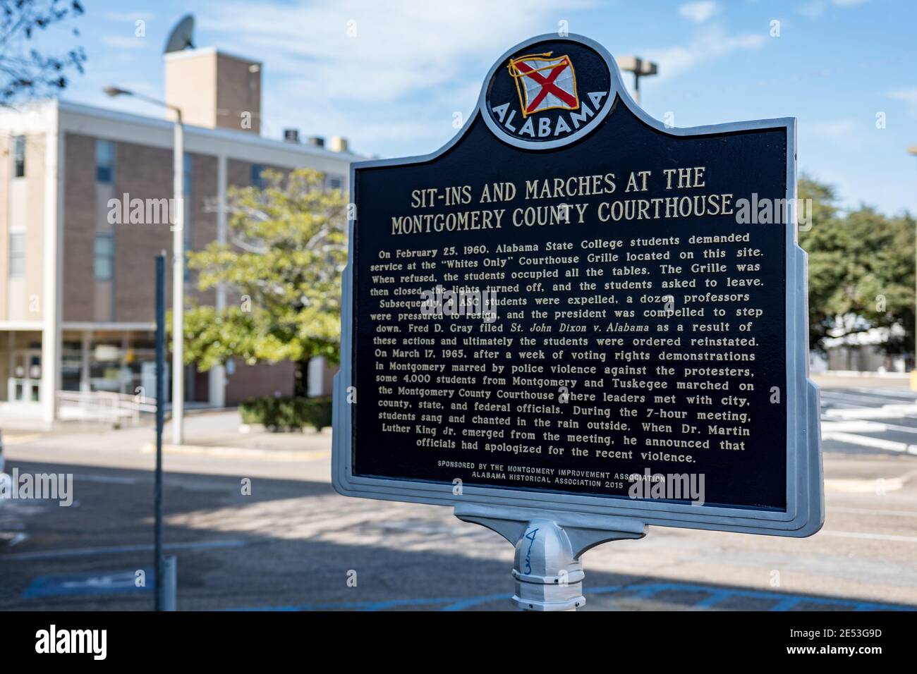 Montgomery, Alabama, USA - January 20, 2018:  Historic marker in downtown Montgomery commemorating the Sit-Ins and Marches of the Civil Rights Movemen Stock Photo