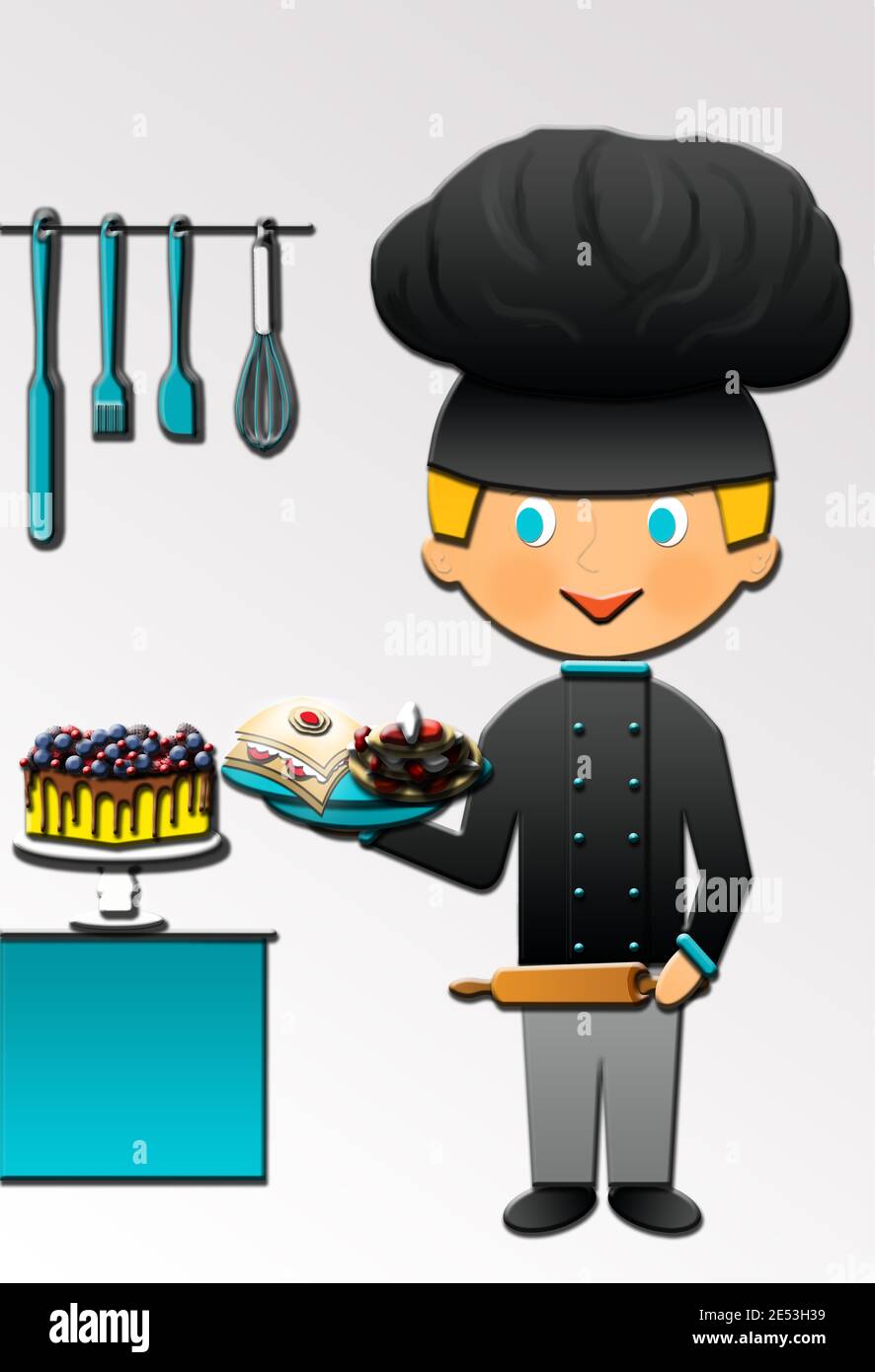 Cartoon of a cute Happy Pastry Chef, in a Chef uniform, with some kitchen  tools. This illustration is part of a collection of different professions  Stock Photo - Alamy
