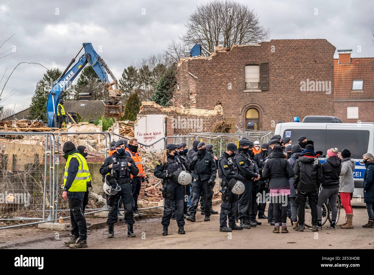 Demolition of the village of Lützerath near Erkelenz by the energy company RWE to make way for the open-cast lignite mine Garzweiler II, protests by r Stock Photo