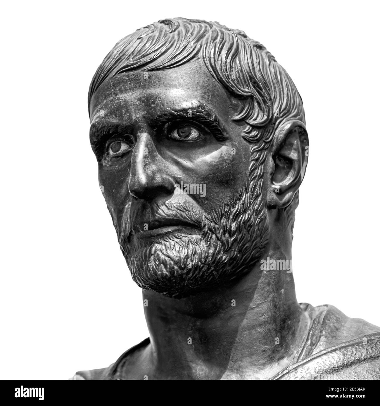 Ancient roman marble portrait of a boy. Young man head statue isolated