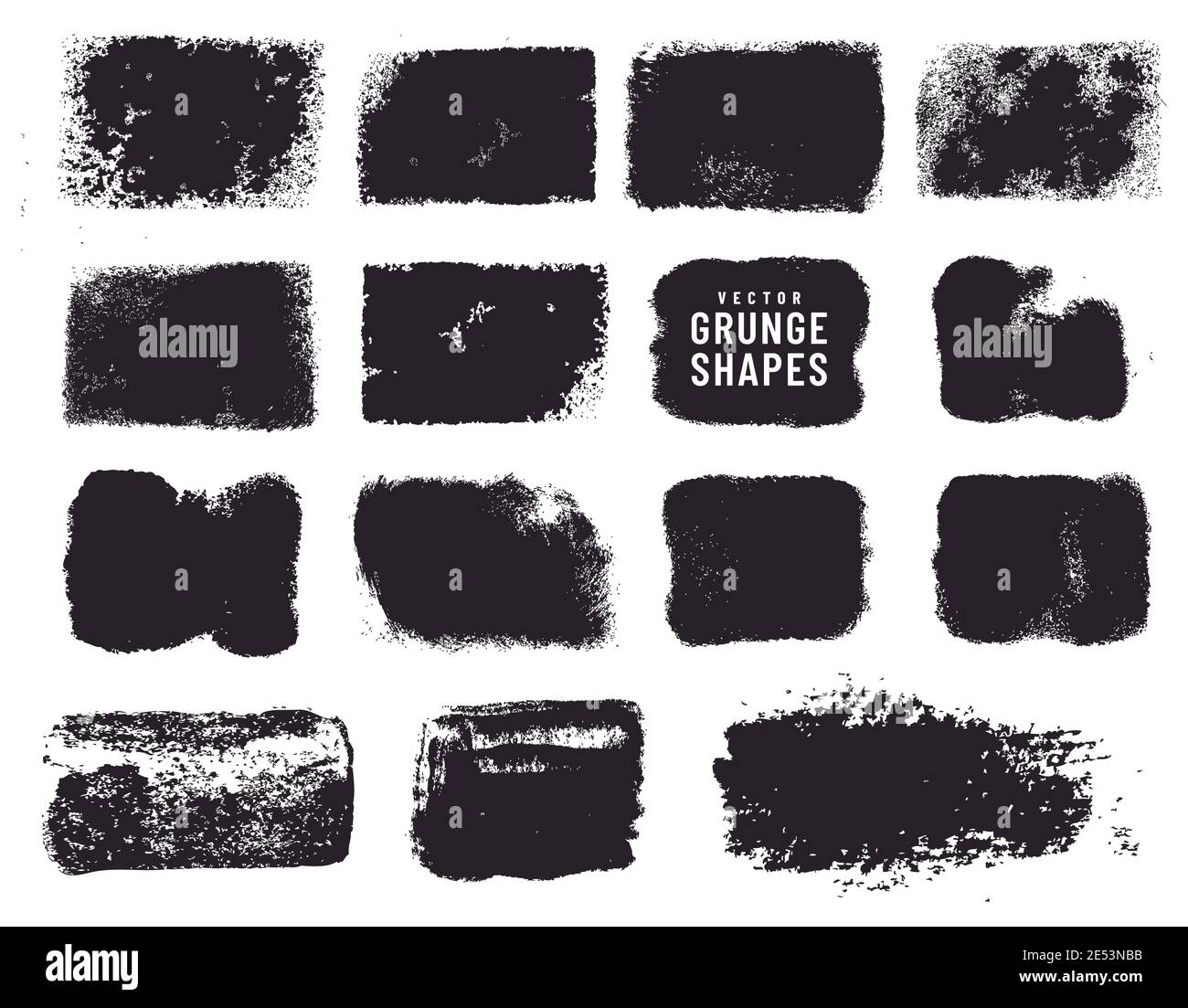 Grunge shapes and ink stains isolated on white background. Black vector design elements for frame, clipping masks, background, banner or text box. Stock Vector