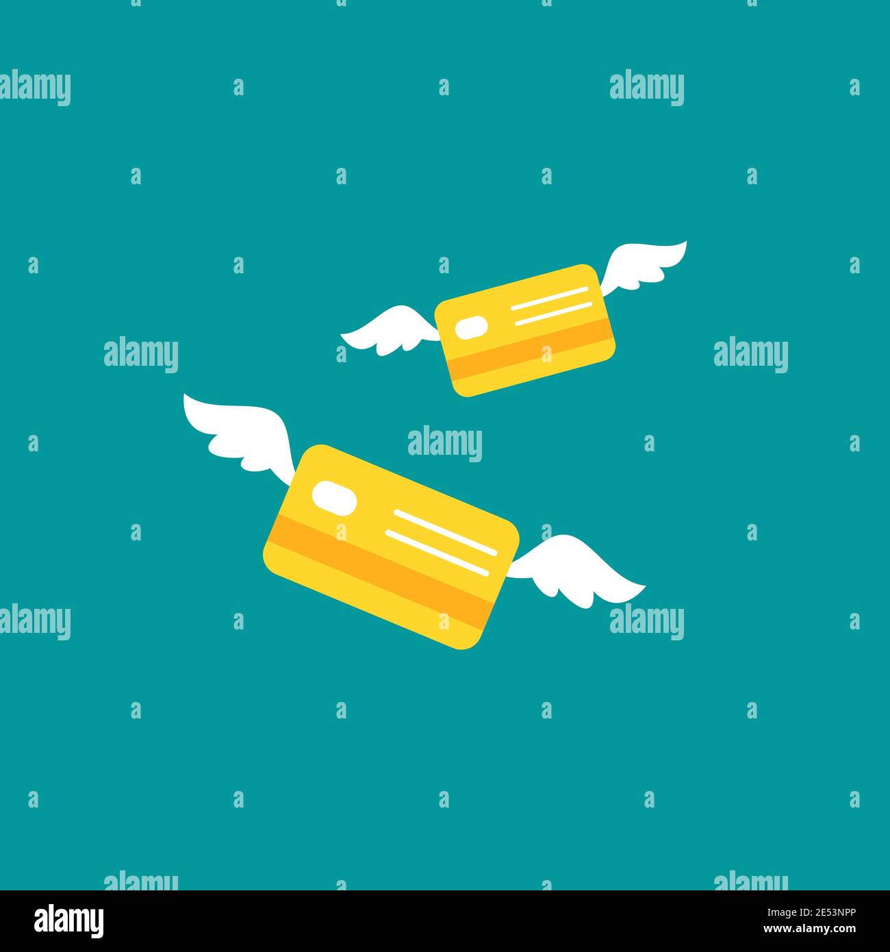 Golden credit debit cards with wings isolated on blue background. Gift