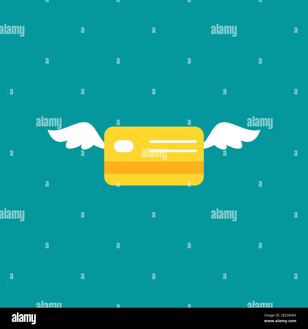 Golden credit debit card with wings isolated on blue background. Gift