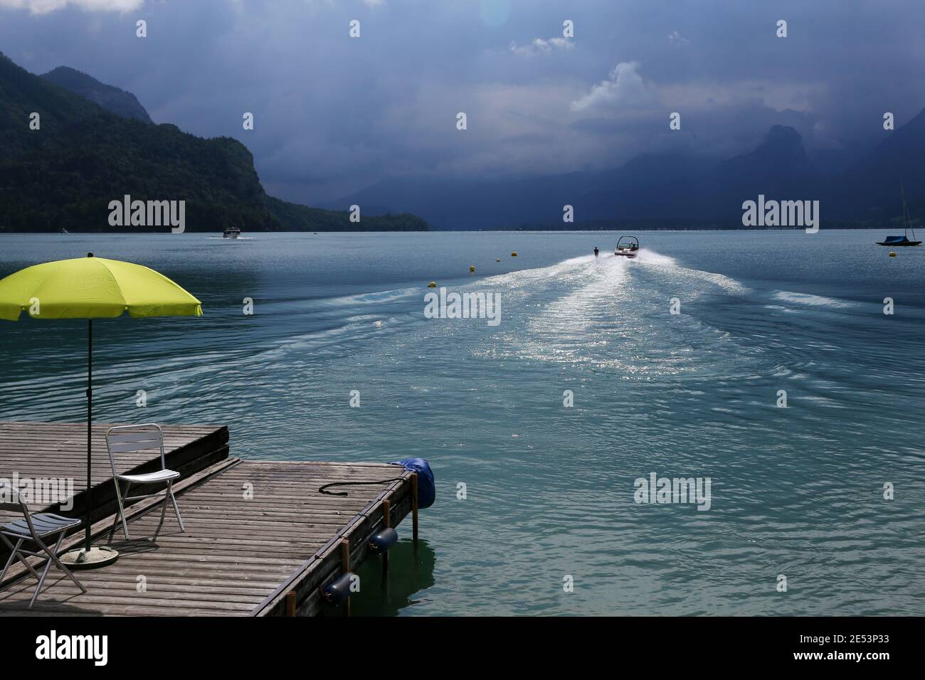 Water skiing at lake Wolfgangsee with great weather conditions Stock Photo