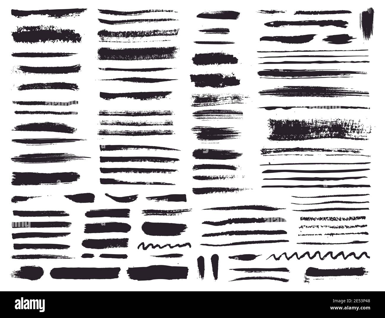 Paint brush strokes and grunge stains isolated on white background. Vector design elements for paintbrush texture, background, banner or text box. Stock Vector