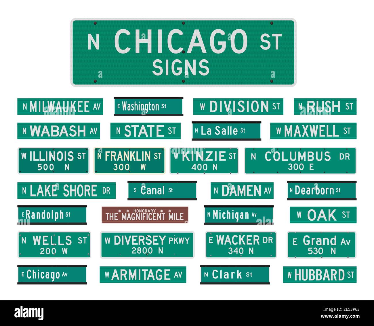 Vector illustration of the famous Chicago streets and avenues road signs Stock Vector