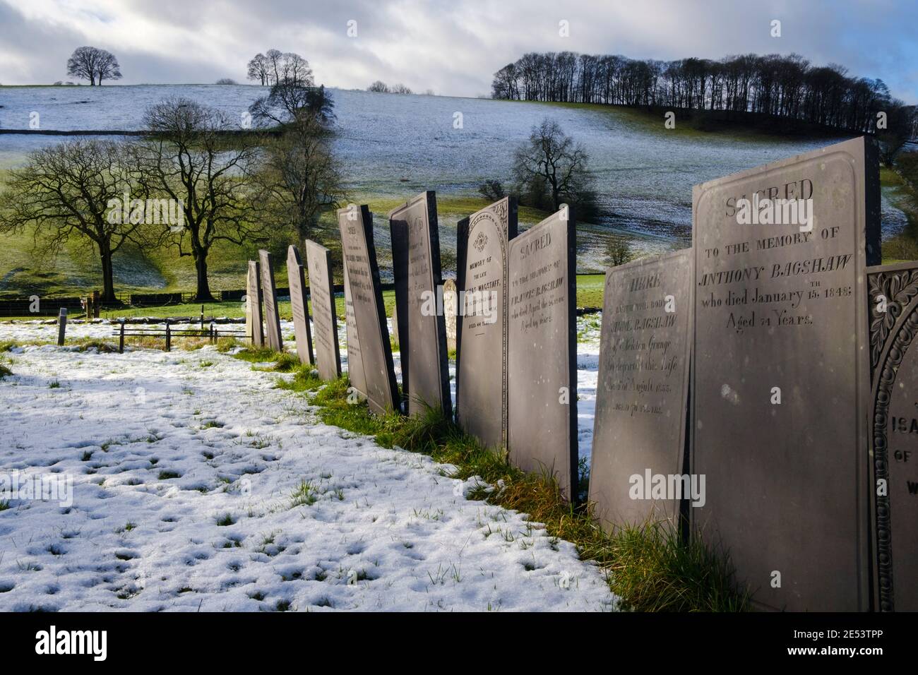 19th century gravestones in the churchyard of St Michel and All Angels Church, Alsop en le Dale, Peak District National Park, Derbyshire Stock Photo