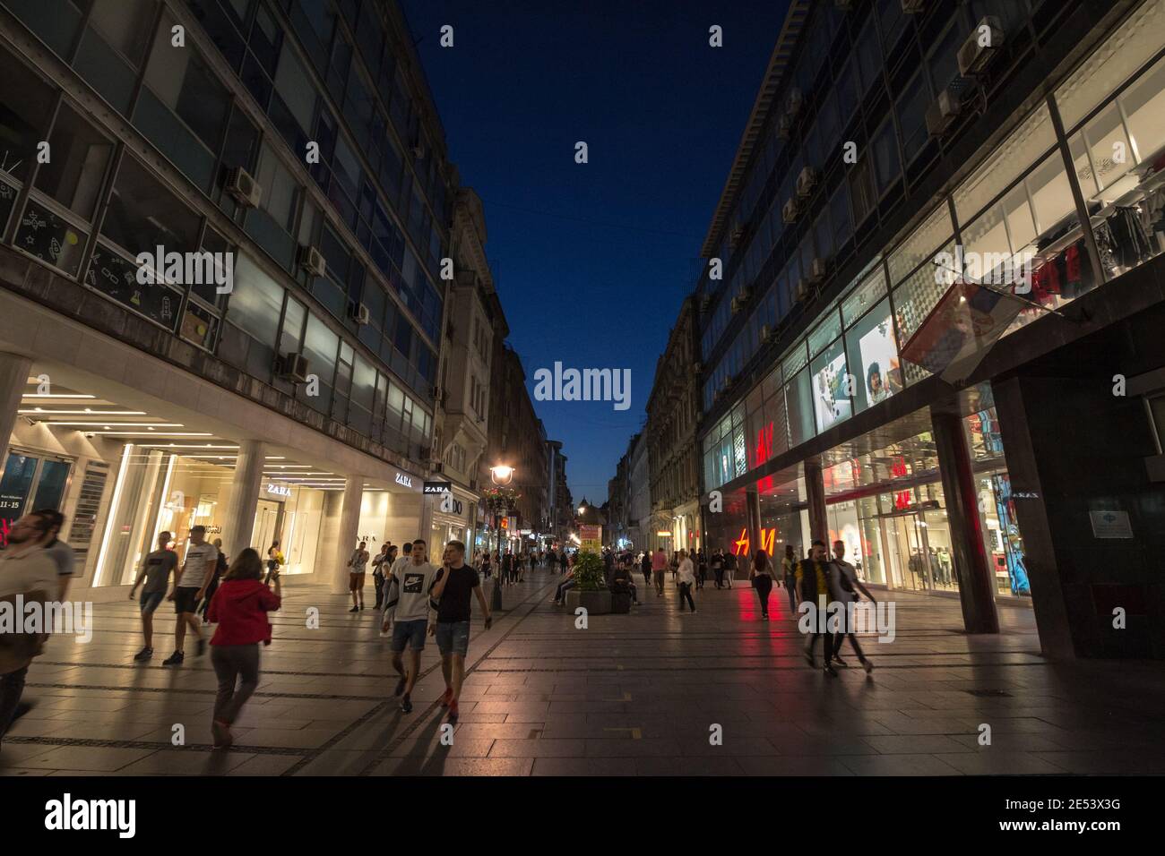 BELGRADE, SERBIA - MAY 9, 2020: Kneza Mihailova street at dawn, crowded. Also known as Knez Mihaila, this is the main pedestrian street of the city, a Stock Photo