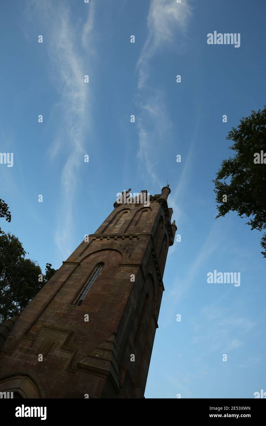 Barnweil Tower, Ayr, Ayrshire, Scotland UK. Also know as Wallace's Tower, the Barnweil Monument was erected in 1857 on a prominent hill to commemorate the Scottish patriot William Wallace.The villages of Symington, Tarbolton and Craigie are close by. Allegedly Wallace trapped the English army in Ayr and set fire to all the barns in the surrounding area. Form this vantage point he said the barns burn well. This gradually morphed into barnweil Stock Photo