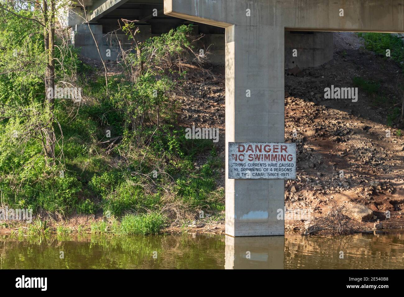 Closeup of the 'Danger No Swimming' sign in Hamilton, ON, Canada Stock Photo