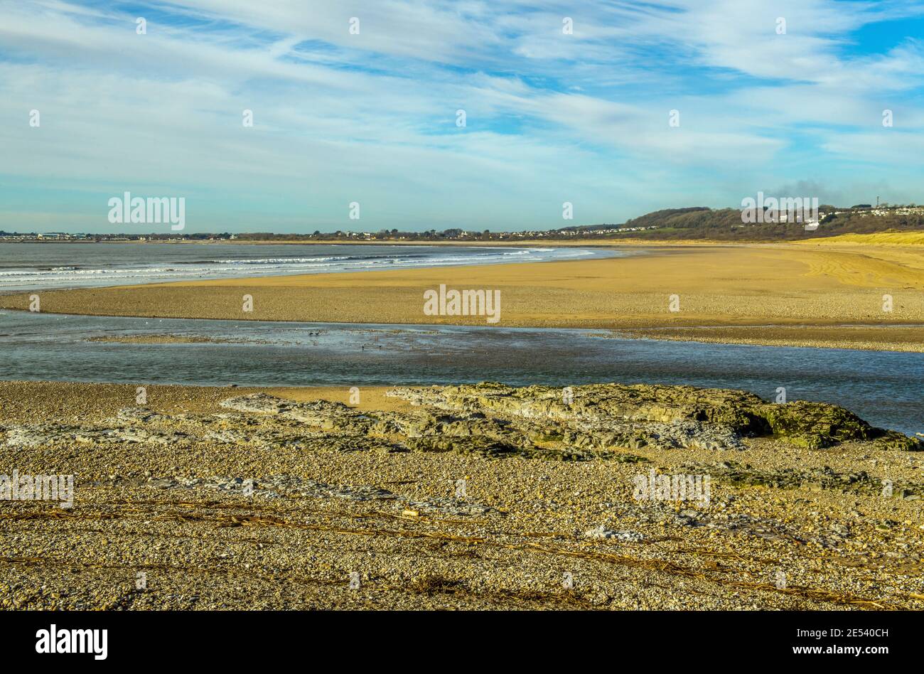 The Bristol Channel where the River Ogmore enters via the estuary, at Ogmore by Sra, in the Vale of Glamorgan, south Wales.. Stock Photo