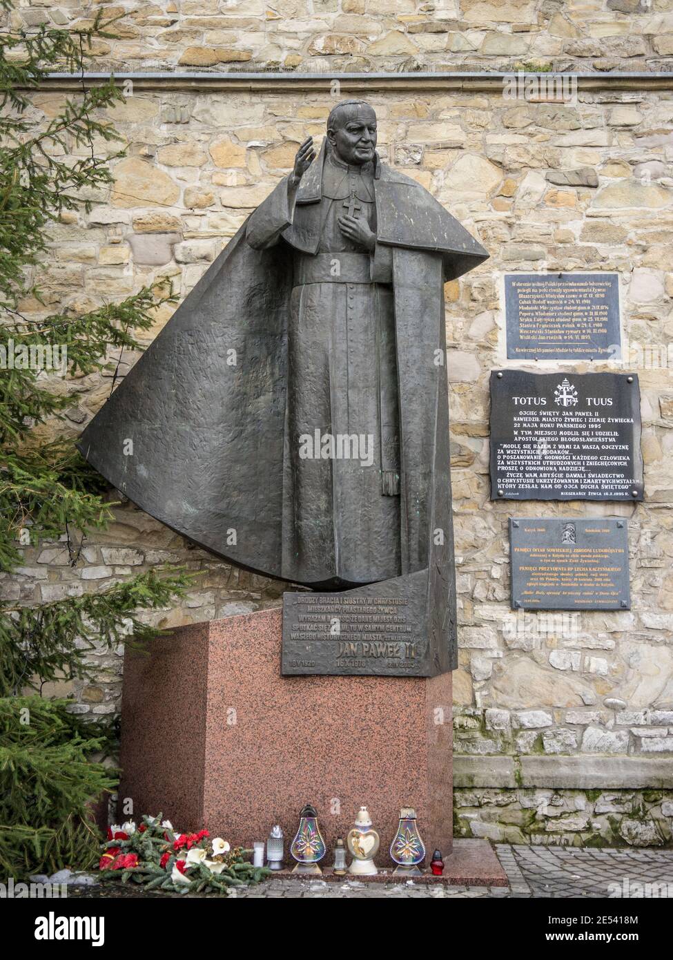 ZYWIEC, POLAND - Jan 24, 2021: John Paul II Monument at the market square. Monument was unveiled on Sunday (May 22, 2011) in Zywiec. Stock Photo