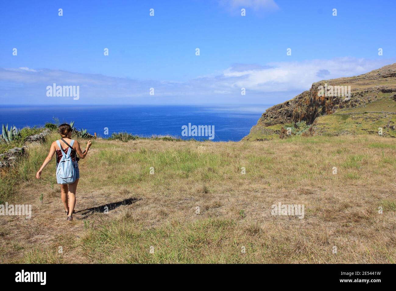 One person, solo travel, traveling, Azores, Santa Maria island. Stock Photo