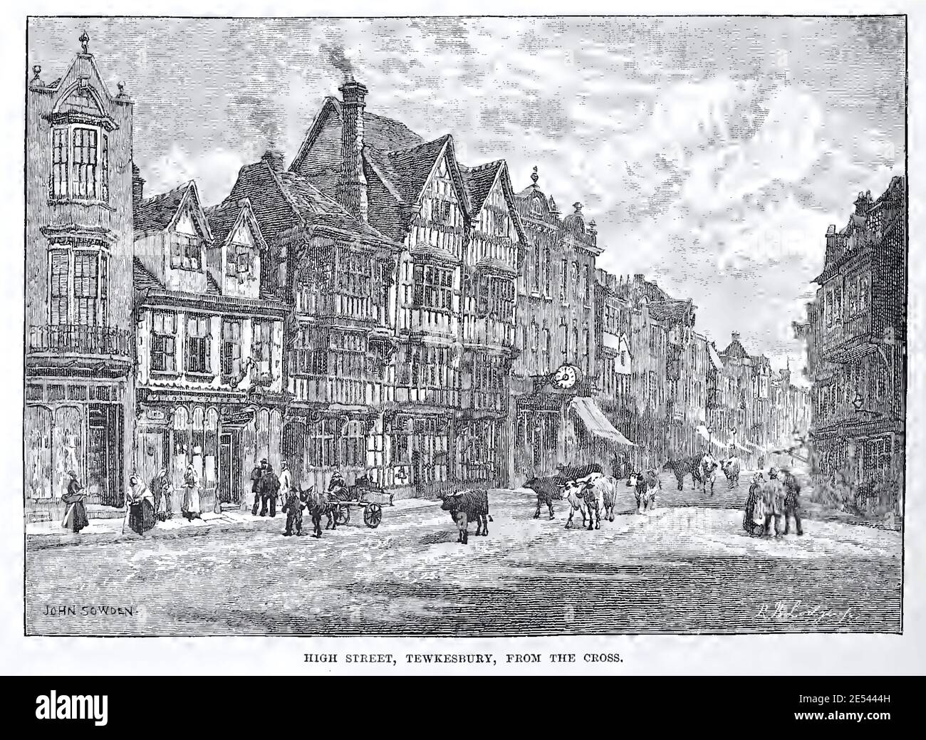 John Sowden historic print entitled High Street, Tewkesbury From The Cross. Stock Photo