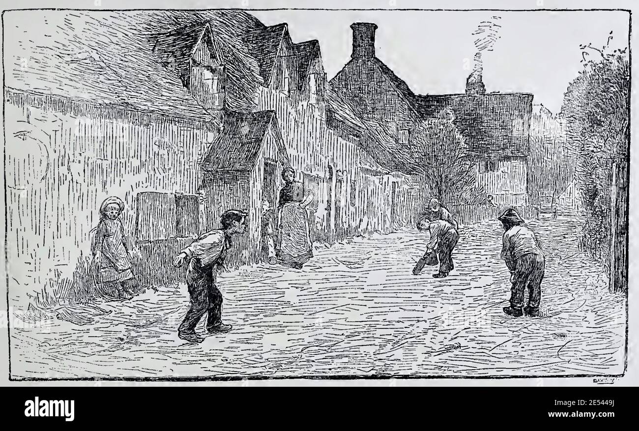 John White old print entitled Surrey Colts from 1885. A group of children play cricket in the street whilst the mother looks on from cottage doorway. Stock Photo