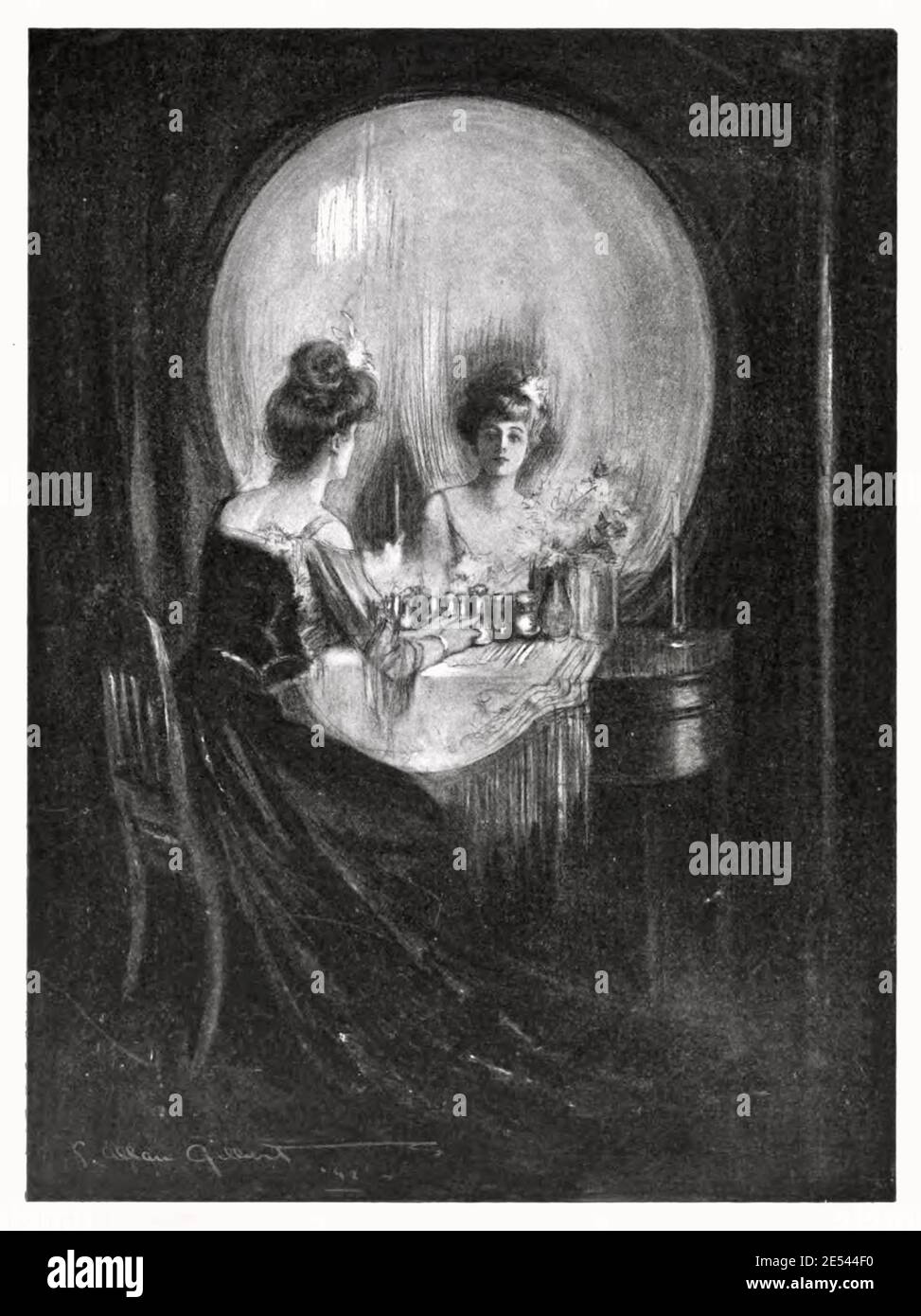 Two ladies of opulence take tea whilst the image of a skull reminds the observer that death lies in wait. All is Vanity by Charles Allan Gilbert. Stock Photo