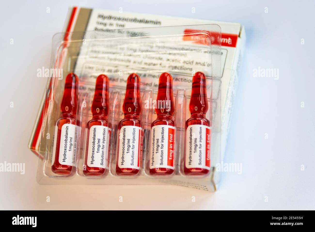 Hydroxocobalamin acetate ampoules, vitamin B12a. Red coloured solution