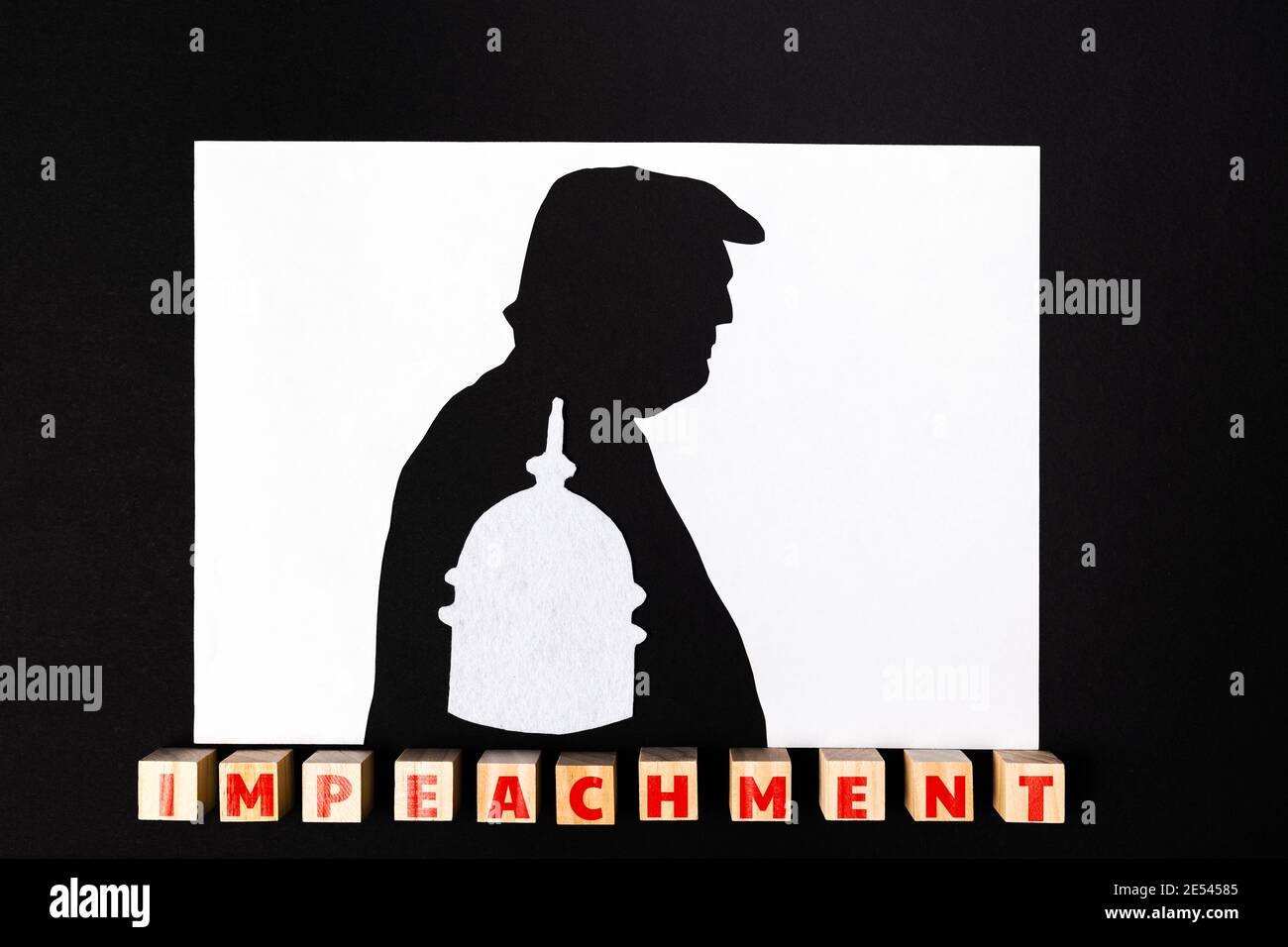 17.01.2021, Moscow, Russia. The concept of impeachment. Silhouette of the former president of the USA on a black and white background. Inside the silh Stock Photo