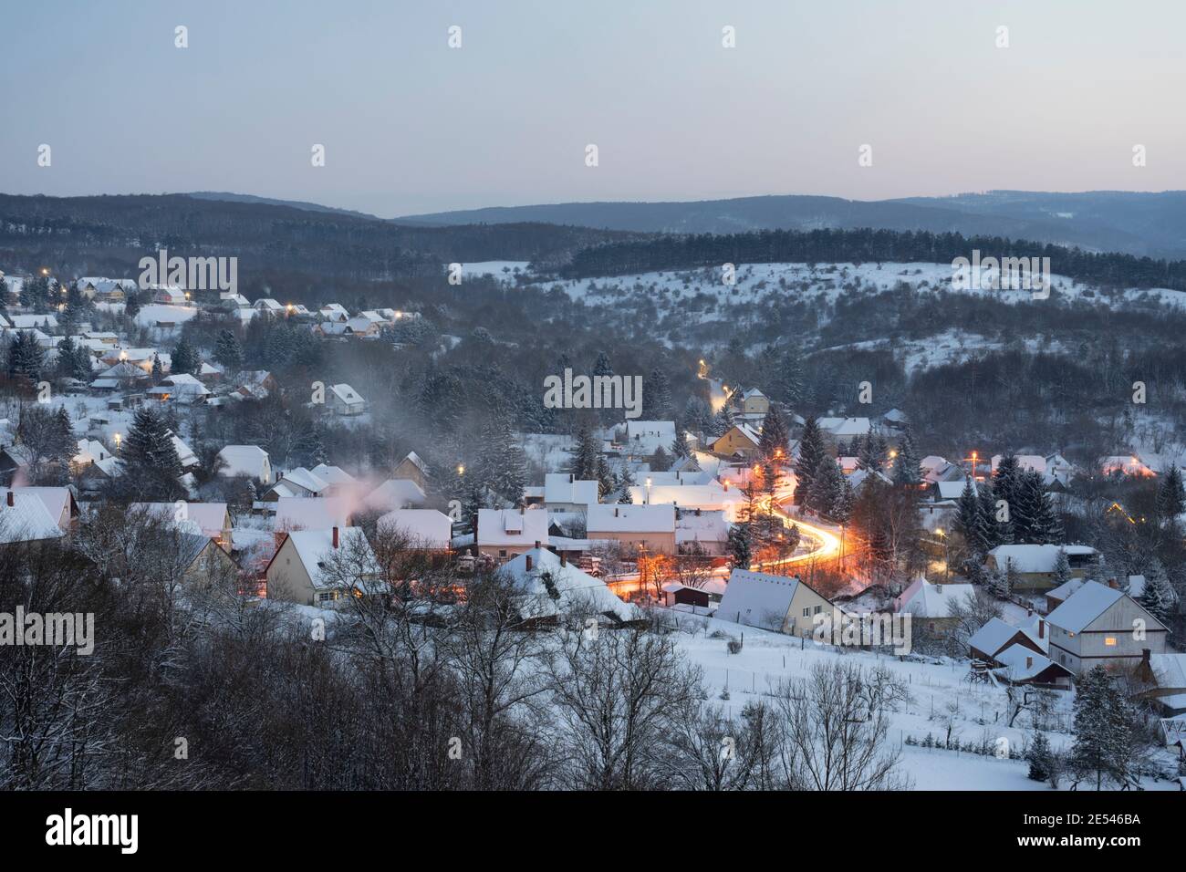 Winter in Bakonybel, a small touristic town located in the Bakony mountain range in Hungary (2021 January) Stock Photo