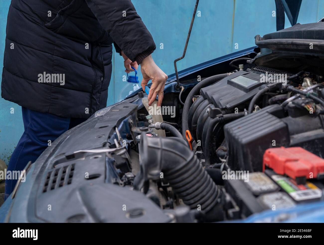 pouring antifreeze into special fluid tank Stock Photo