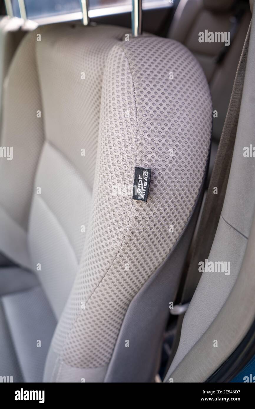 side airbag label on car seat. car safety and warning system Stock Photo