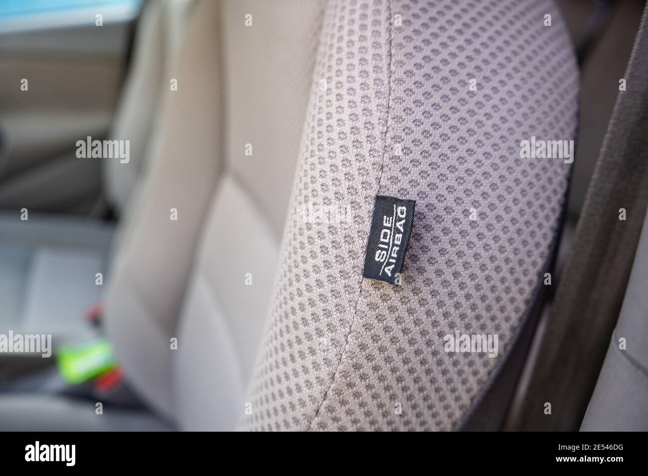 side airbag label on car seat. car safety and warning system Stock Photo