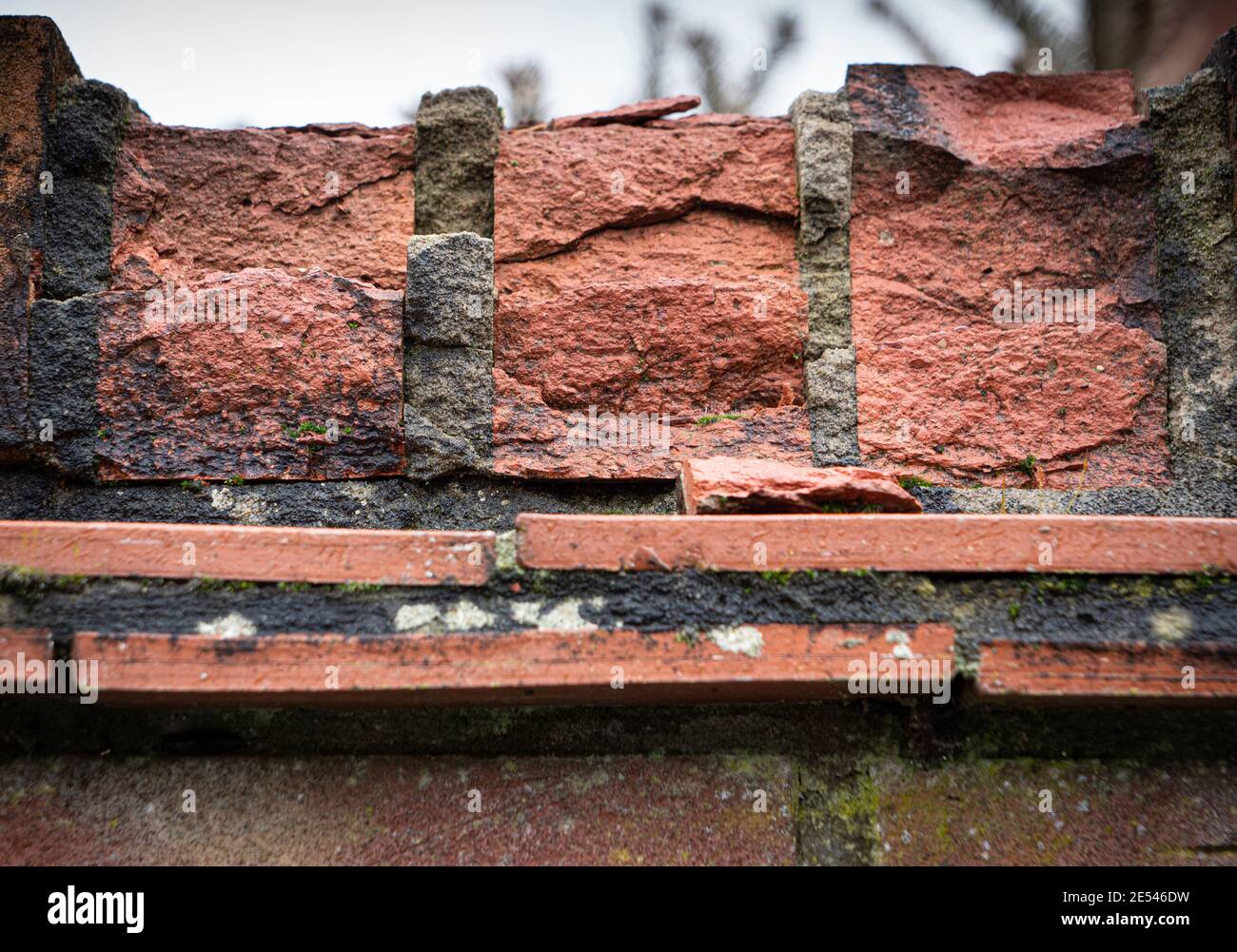 Topping bricks suffering from frost damage. Stock Photo