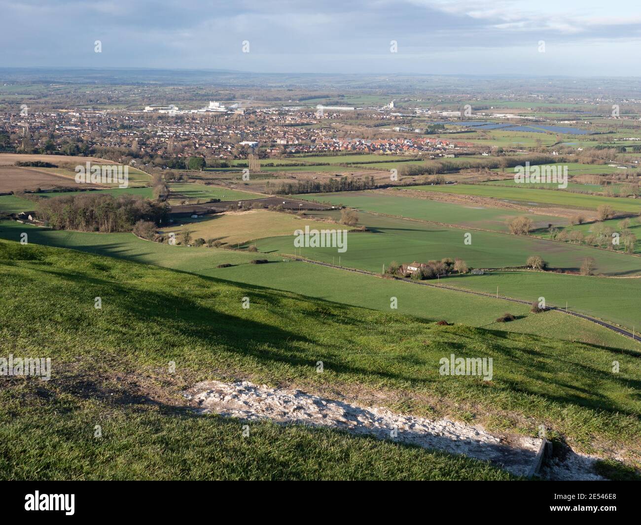 View of Westbury, Wiltshire from The White Horse on a winter's day. Stock Photo