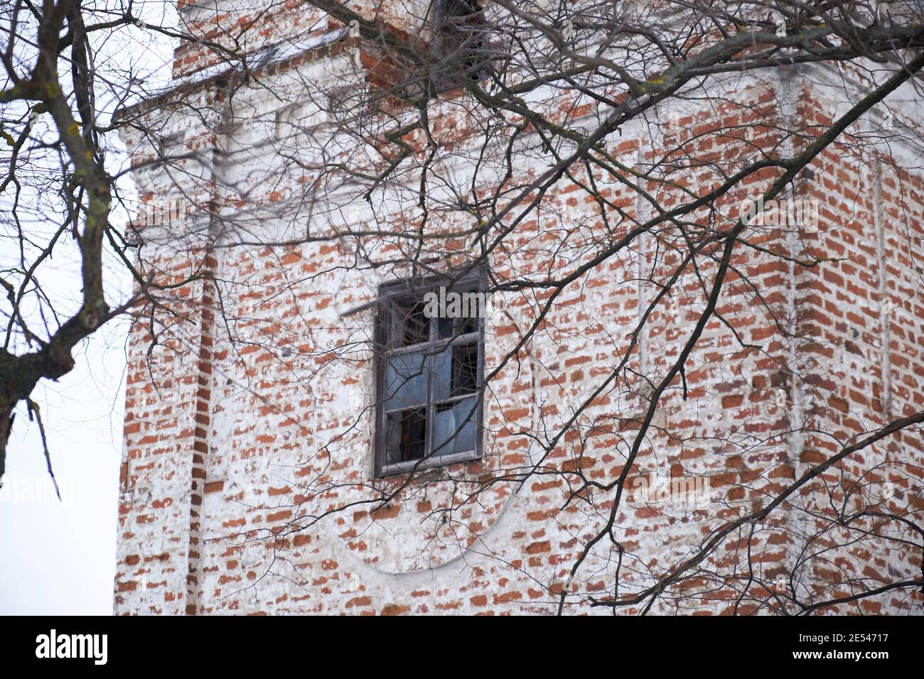 Old and ruined brick church in cold winter Stock Photo Alamy