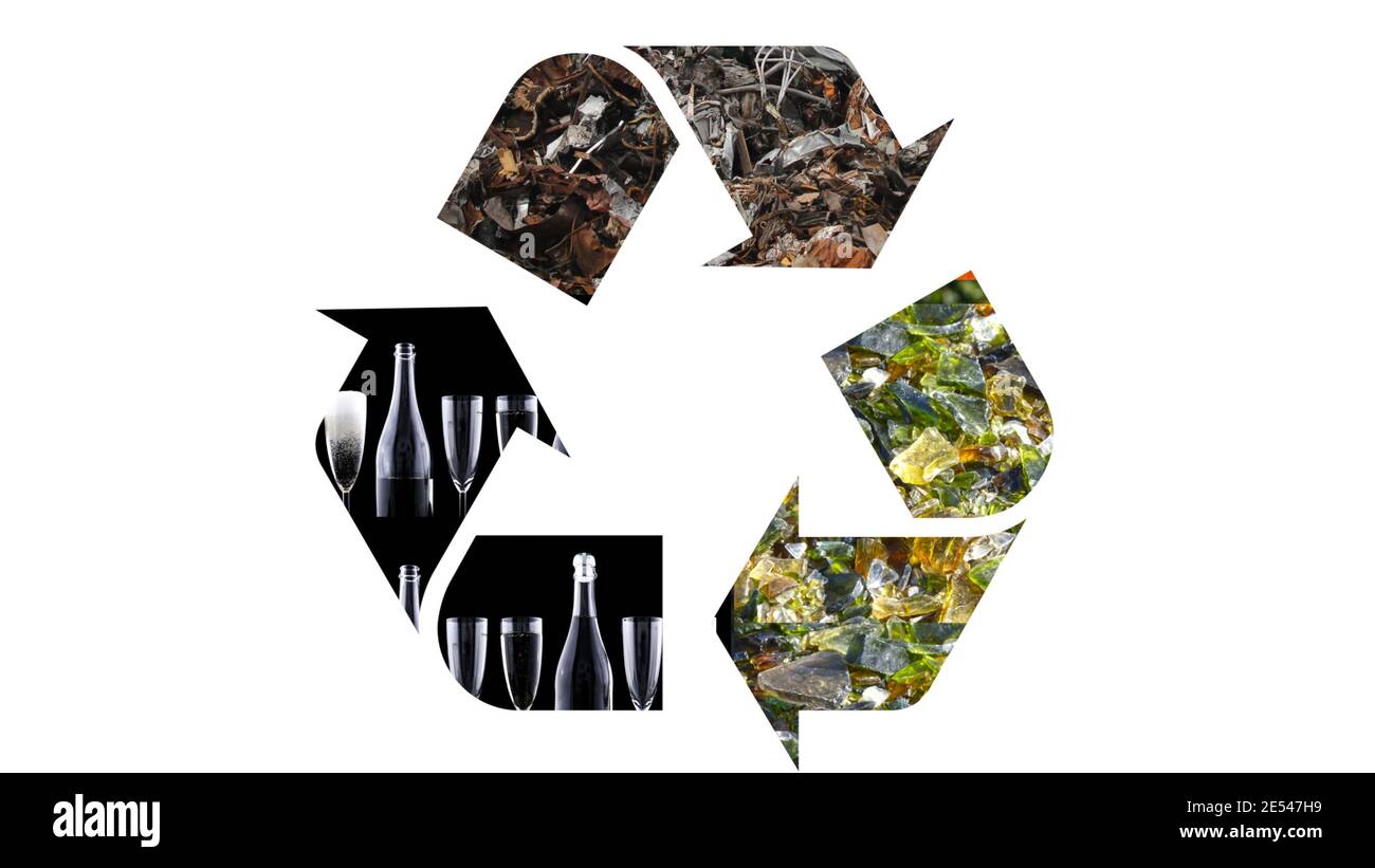 Recycle sign with garbage broken glass and recycled bottles Stock Photo