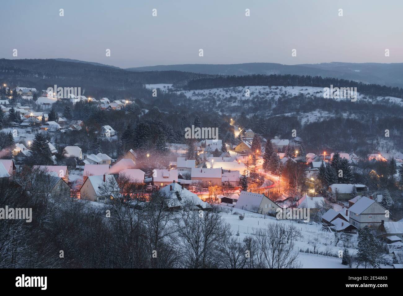 Winter in Bakonybel, a small touristic town located in the Bakony mountain range in Hungary (2021 January) Stock Photo