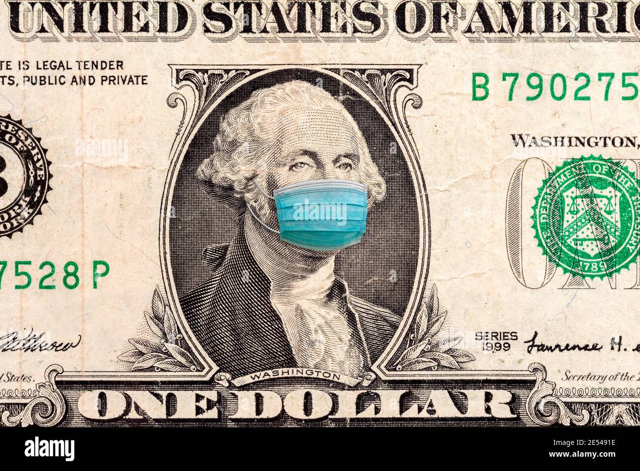 ONE Dollar money bill with George Washington wearing healthcare surgical mask. Coronavirus in United States quarantine and global recession. Global ec Stock Photo
