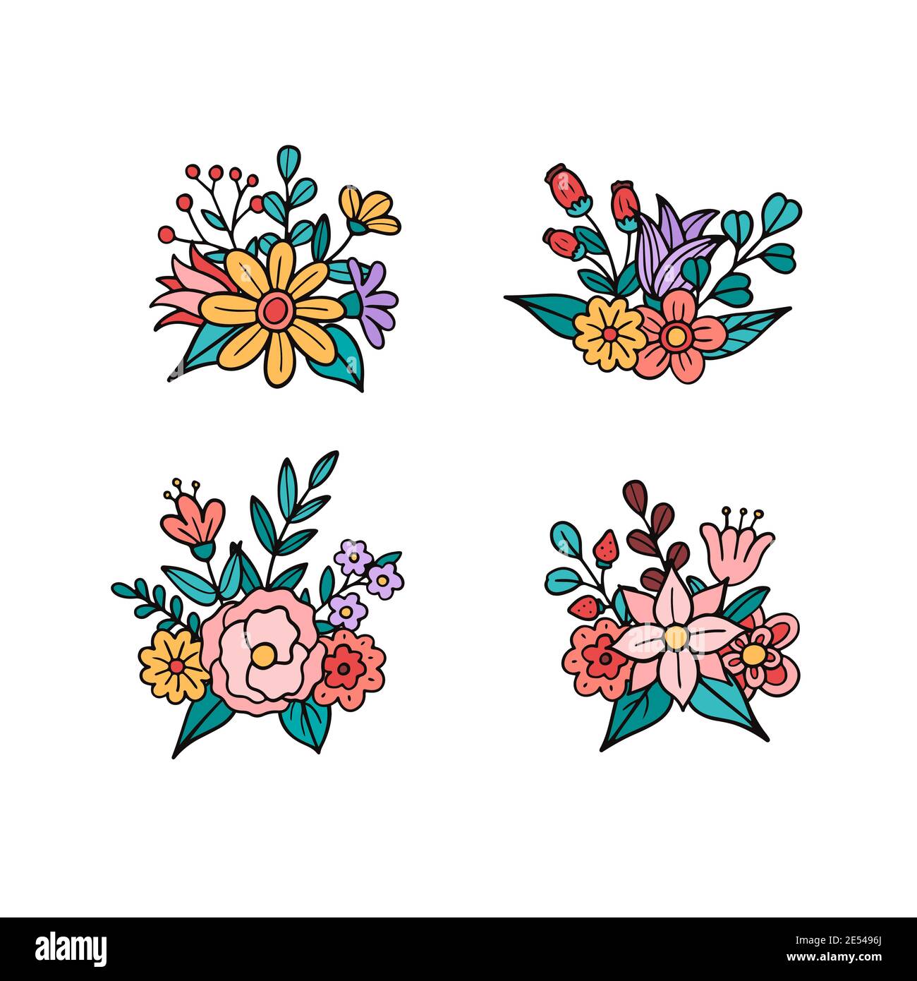 Hand drawn flowers and leaves bouquet collection. Vector illustration ...