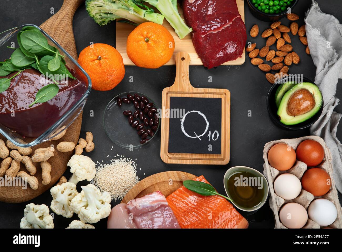 Healthy food contains coenzyme Q10, supports immune system. Top view