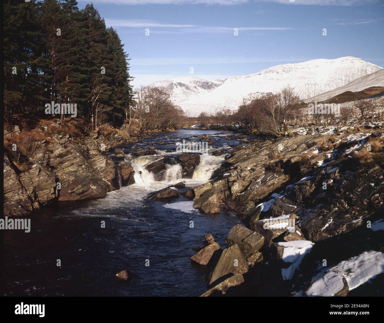 Scotland, Argyll. Winter in the Glen Orchy with one of the many waterfalls on this great salmon river. Circa 1988. Photo by Tony Henshaw/Tom Parker Collection      Scanned from a 5'x4' Original transparency from a unique and stunning archive of original photography from the British Isles by photographer Tom Parker.    © World copyright. Stock Photo