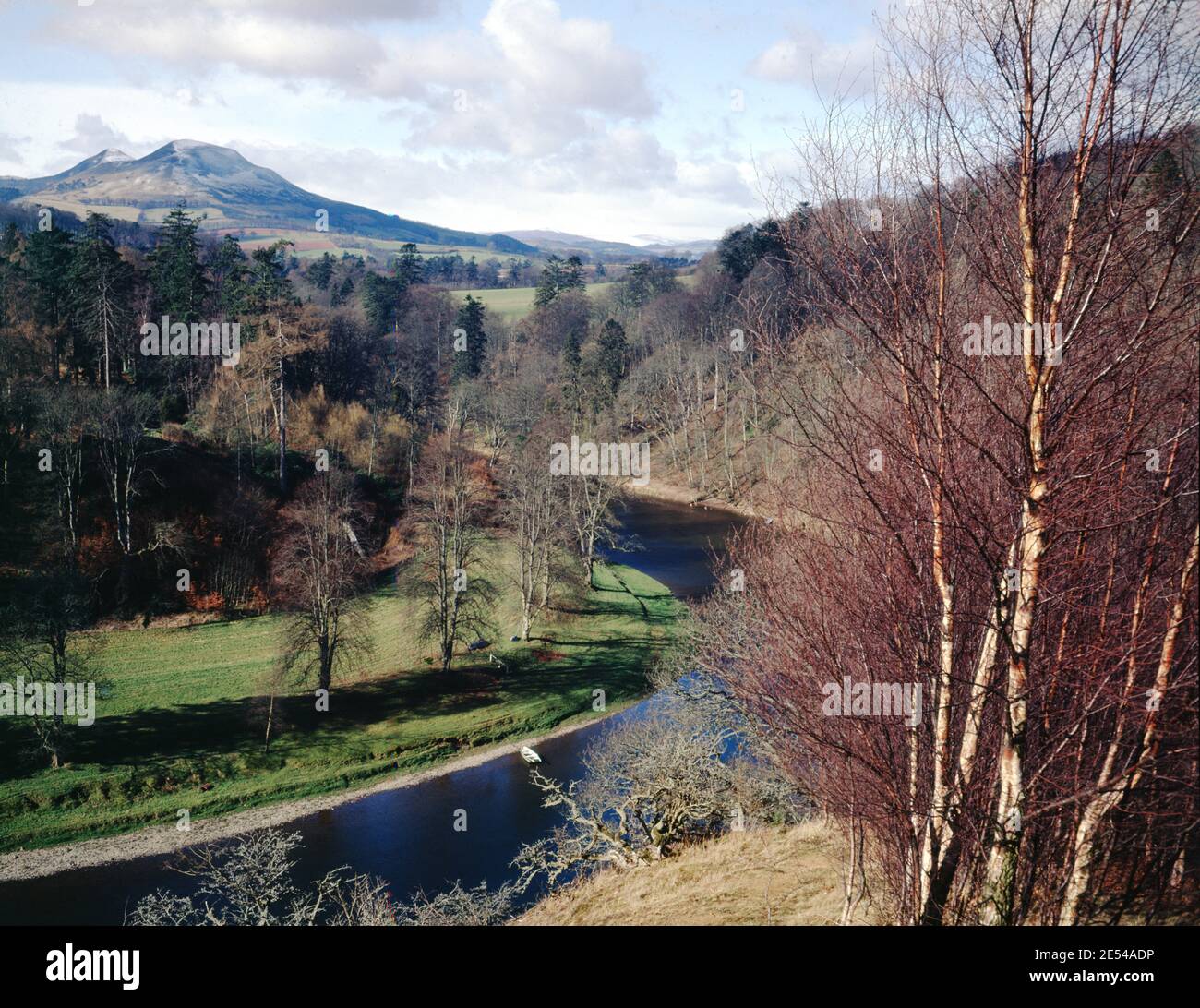 Scotland, Borders. Looking from below 'Scots View' to the River Tweed and the Eildon Hills. A great feature of the Scot Country. Circa 1975. Photo by Tony Henshaw/Tom Parker Collection      Scanned from a 5'x4' Original transparency from a unique and stunning archive of original photography from the British Isles by photographer Tom Parker.    © World copyright. Stock Photo