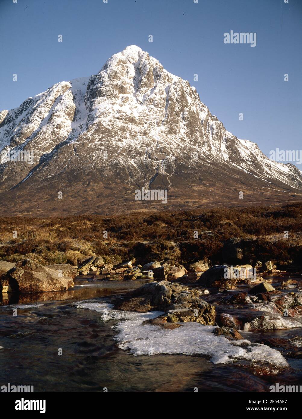 Scotland, Argyll. Rannoch Moor. The icy face of Stob Dearg at 3345ft is the formidable face of Bucheille Etive Mor. Circa 1972. Photo by Tony Henshaw/Tom Parker Collection      Scanned from a 5'x4' Original transparency from a unique and stunning archive of original photography from the British Isles by photographer Tom Parker.    © World copyright. Stock Photo