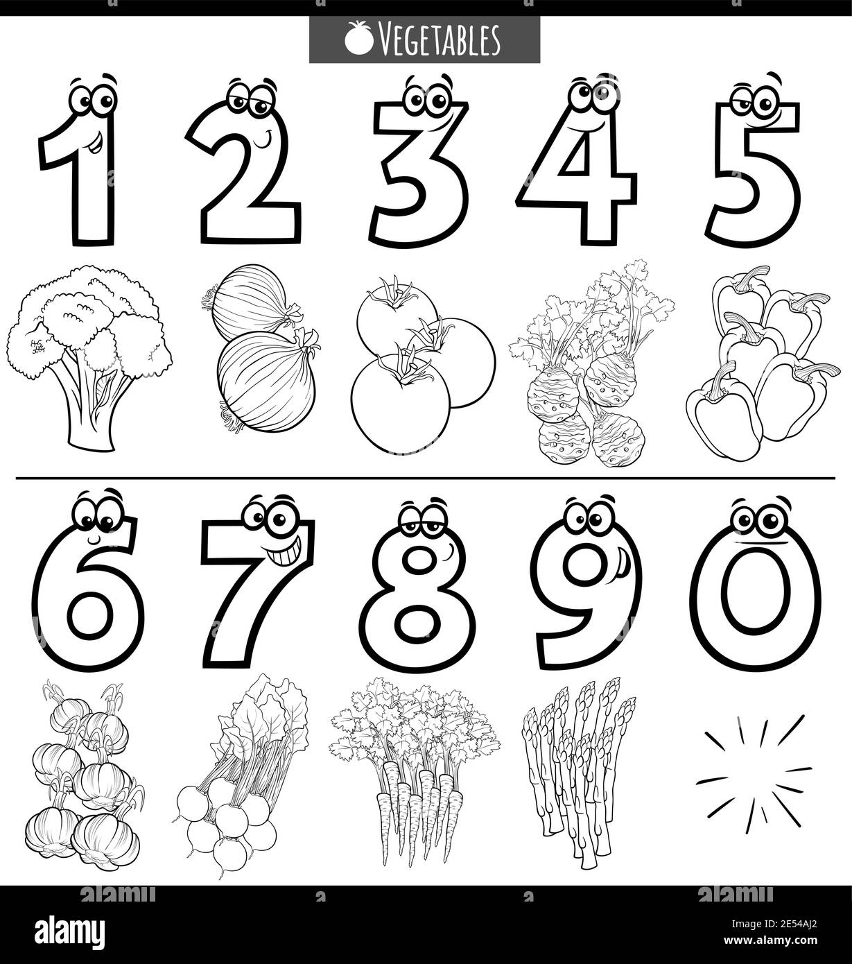Black and white cartoon illustration of educational numbers set from one to nine with vegetables food objects Stock Vector