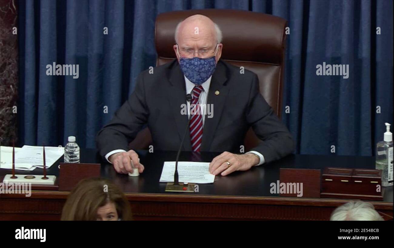 In this image from United States Senate television, United States Senator Patrick Leahy (Democrat of Vermont), president pro tempore of the US Senate, presides during the second impeachment trial of former US President Donald J. Trump in the US Senate in the US Capitol in Washington, DC on Monday, January 25, 2021.Mandatory Credit: US Senate TV via CNP /MediaPunch Stock Photo