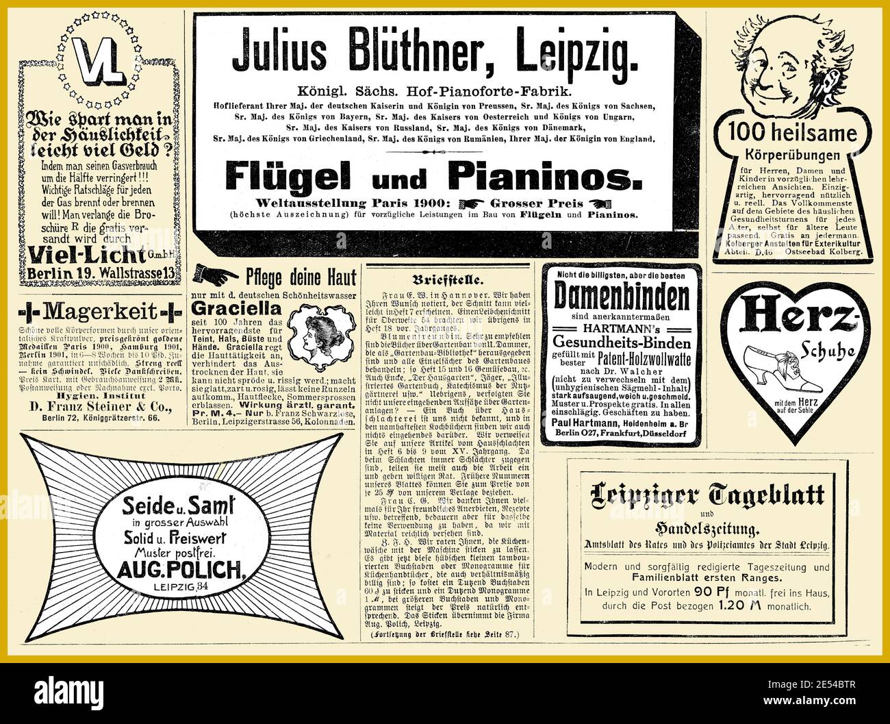 Commercial advertising page in German with many promotion banners and vignettes dated 1908 from Deutsche Moden Zeitung magazine Stock Photo