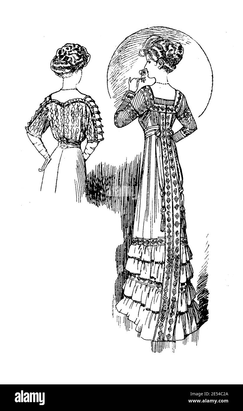 Ladies Fashion 1908, long and elegant lines with corset to achieve a  narrow-waisted figure with full chest, completed with Gibson girl hairstyle, frontal and back view Stock Photo