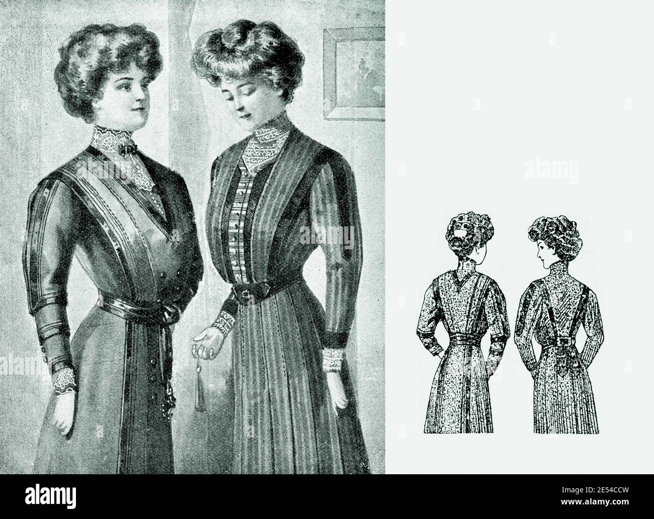 Ladies Fashion 1908, long and elegant lines with corset to achieve a  narrow-waisted figure with full chest, completed with Gibson girl  hairstyle, frontal and back view Stock Photo - Alamy